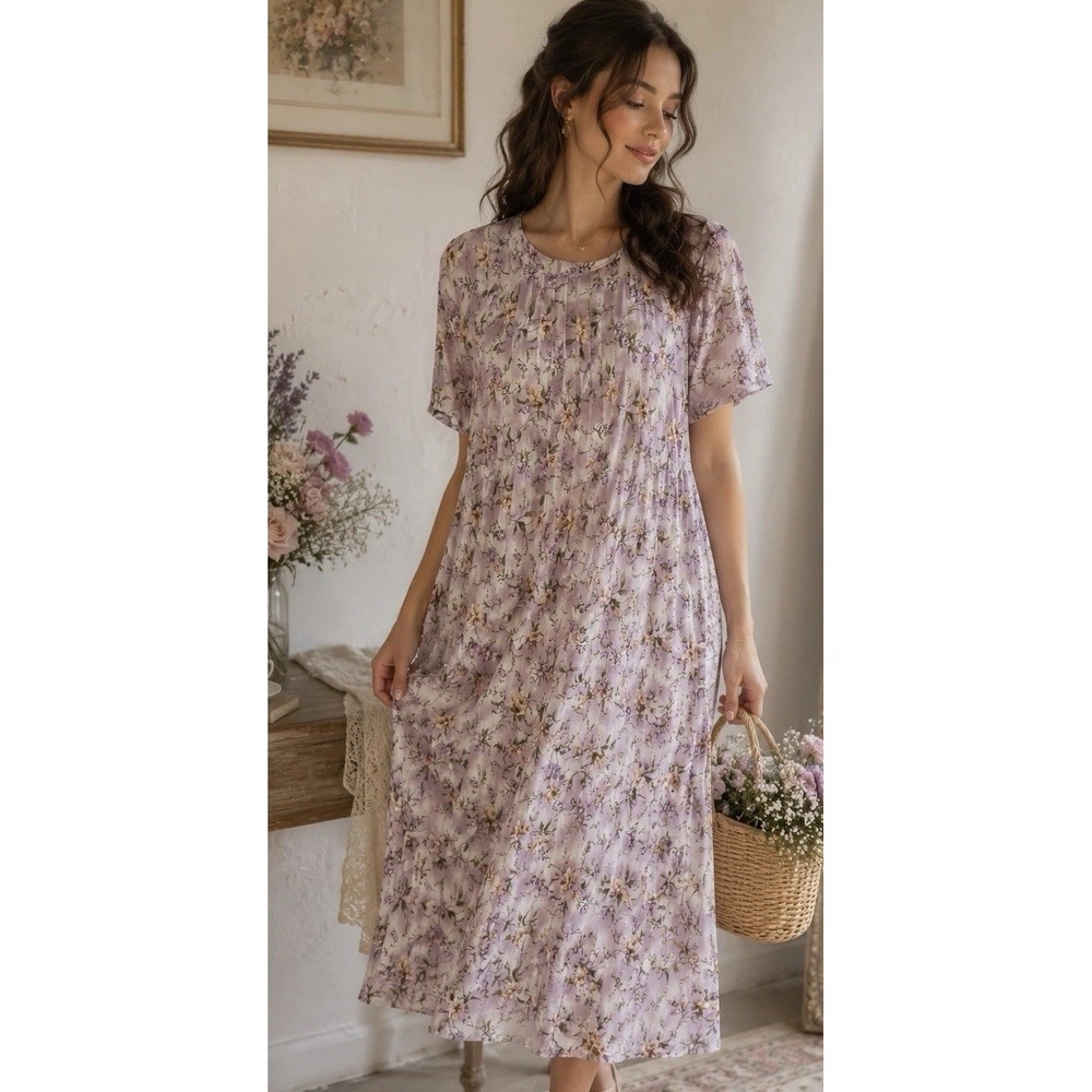 Vtg 90s Darian Lilac Floral Maxi Dress Cottagecore Prairie Garden Party Large